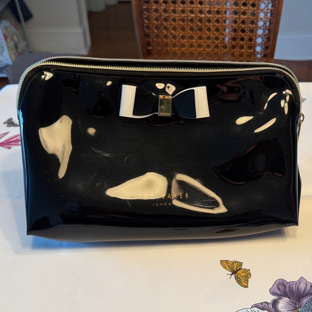 Ted Baker Glossy Black Cosmetic Bag with White Bow